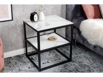 Luxusní odkládací stolek Aura Black 45cm bílý mramor