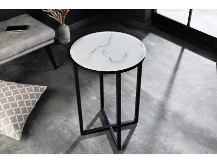 Malý kulatý stolek Aura Black 40cm bílý mramor
