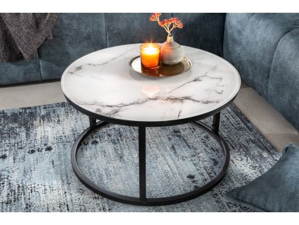 Luxusní kulatý stolek Aura Black 60cm bílý mramor