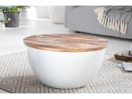 Designový bílý stolek s dřevěnou deskou