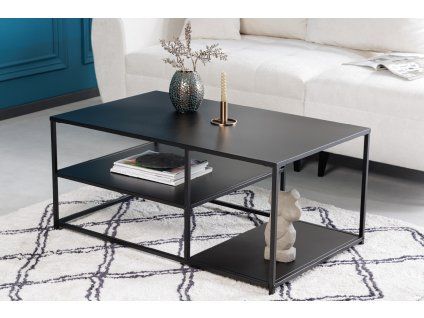 Černý kovový konferenční stolek s policemi.