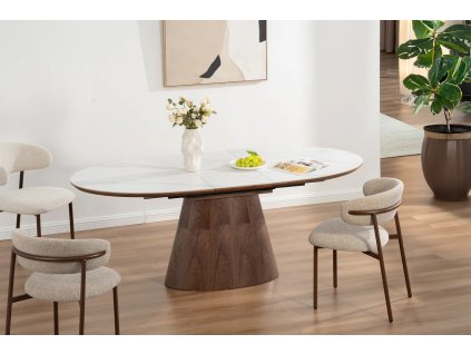 Luxusní rozkládací jídelní stůl Ulinia ořech a bílý mramor - keramika