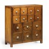 Dřevění komoda na nožičkách z exotického masivu v hnědé barvě s mnoho příhrádkami