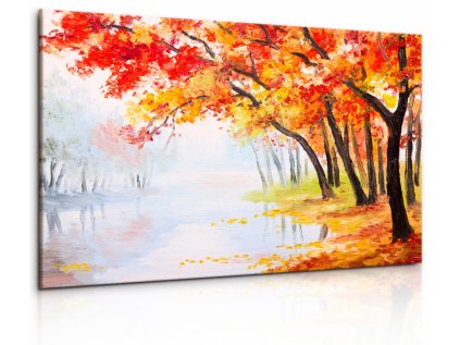 Obraz malebný podzimní les u jezera (Velikost 150x100 cm)