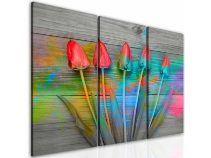 Třídílný obraz tulipány na dřevě (Velikost 90x70 cm)