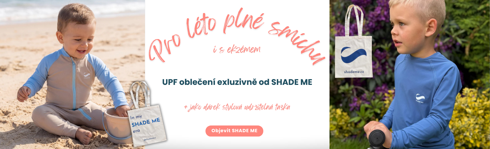 Dvě děti v UV oblečení Shade Me s ochranou UPF 50+ při letních venkovních aktivitách. Funkční oblečení pro děti s citlivou pokožkou a atopickým ekzémem.