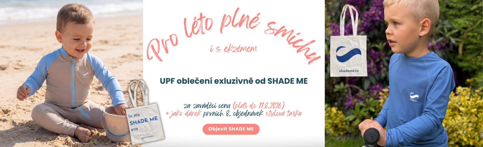 Dvě děti v UV oblečení Shade Me s ochranou UPF 50+ při letních venkovních aktivitách. Funkční oblečení pro děti s citlivou pokožkou a atopickým ekzémem.