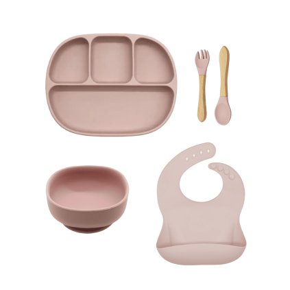 Silikónový jedálenský set pre deti 5-dielny KLASIKA - Powder Pink