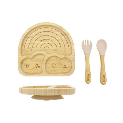 Bambusový jedálenský set s prísavkou - Dúha - Pastel Beige