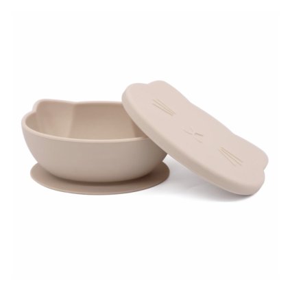 Detská silikónová miska s pokrievkou Mačička – Pastel Beige