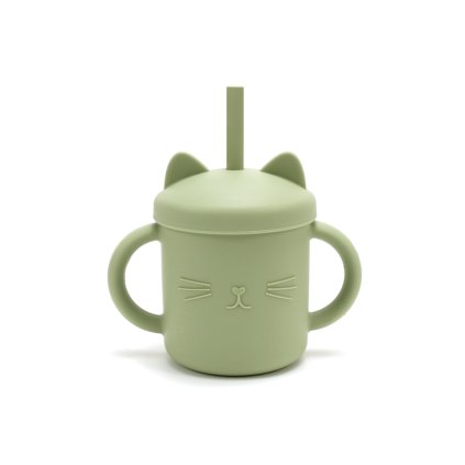 Silikónový pohárik so slamkou Mačička – Pale Olive