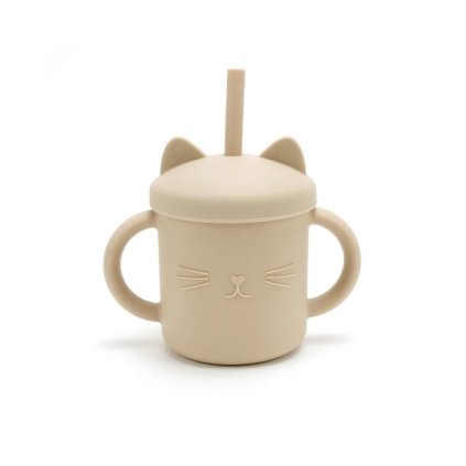 Silikónový pohárik so slamkou Mačička – Pastel Beige