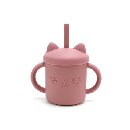Silikónový pohárik so slamkou Mačička – Old Rose