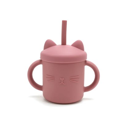 Silikónový pohárik so slamkou Mačička – Old Rose