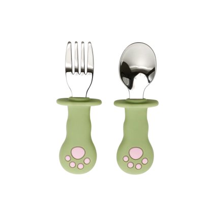 Kovový príbor pre bábätká Mačička – Pale Olive