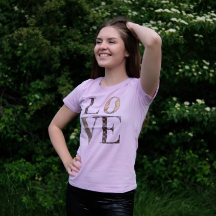 Dámské tričko LOVE s kamínky N4662 - růžové