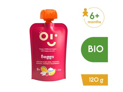 Beggs BIO Dětská rýže s jogurtem, banánem, mangem a malinami  (120 g)