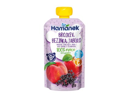 Hamánek Broskyňa, baza čierna a jablko 100% ovocie 6m+ (100 g)