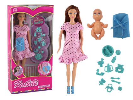 Бременна кукла с бебе в розова рокля с аксесоари