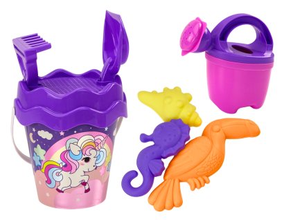 Комплект за пясък кофа лопатка гребло лейка еднорог лилав