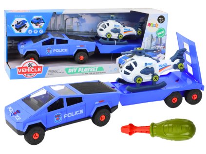 Sada Moderní auto s helikoptérou a přívěsem na rozebírání DIY modrá