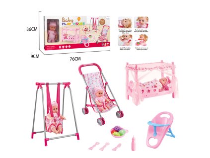 Dětská sada pro panenku 9v1 - panenka, kočárek, postýlka, židlička, houpačka a doplňky