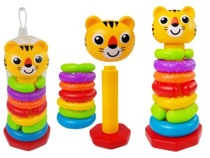 Pyramida z barevných kroužků s tygrem
