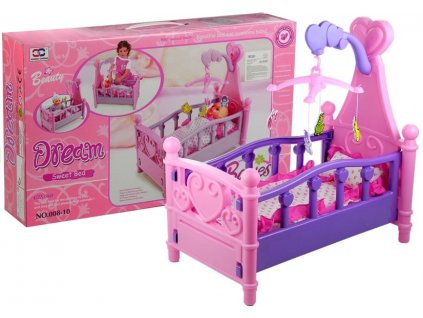 Postýlka pro panenky s kolotočem a ložním prádlem růžová