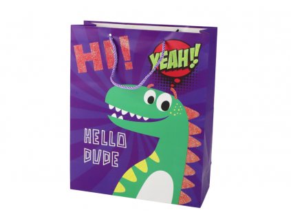 Papírová dárková taška s dinosauřím motivem 41,5cm x 30cm x 12cm fialová