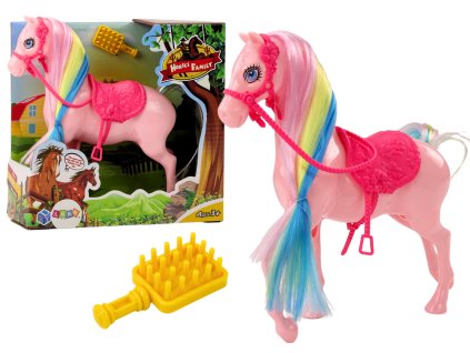 Figurka koně s barevnou hřívou, růžové sedlo, kartáč, farma růžová