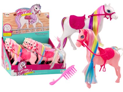 211585 figurka kun s barevnou hrivou ruzove sedlo kartac farma bily ruzovy