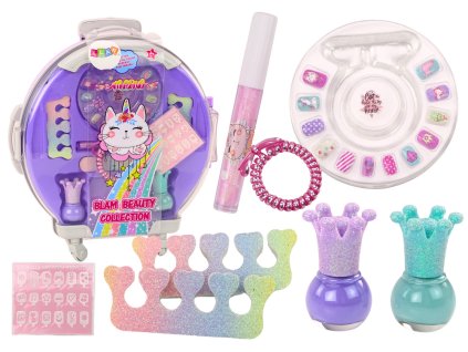 Kosmetická sada v kufříku na nehty a líčení fialový kufřík 9 ks