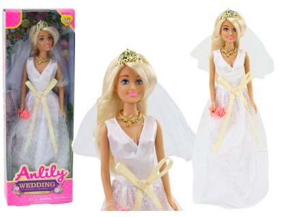 Panenka Anlily v svatebních šatech s kyticí, korunou a náhrdelníkem