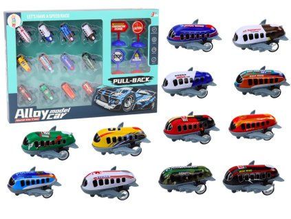 Sada 12 autíček a letadel s pohonem 5 cm + dopravní značky