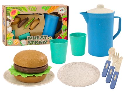 Sada nádobí talířky, kelímky, džbánek, hamburger, příbory 11 dílů