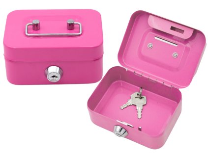 Uzamykatelná růžová kovová pokladnička se dvěma klíčky