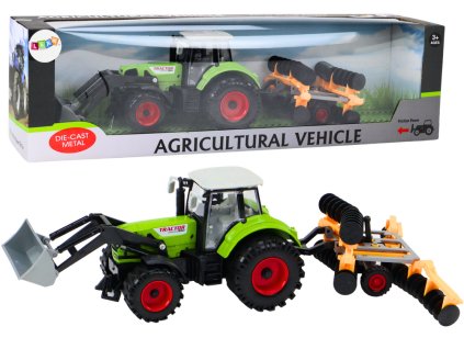 213013 zemedelsky traktor s bagrem a diskovym branou zeleny