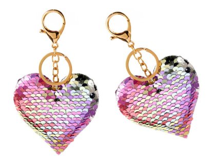 Přívěsek srdce oboustranný s flitry stříbrno-růžový