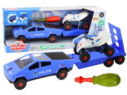 Montážní autíčko policie s přívěsem a čtyřkolkou modré