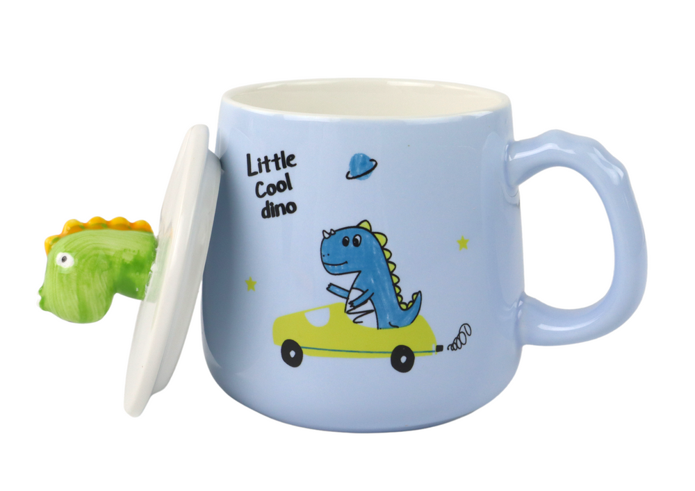 Levně Hrneček Dinosaurus v autíčku se lžičkou a víčkem modrý