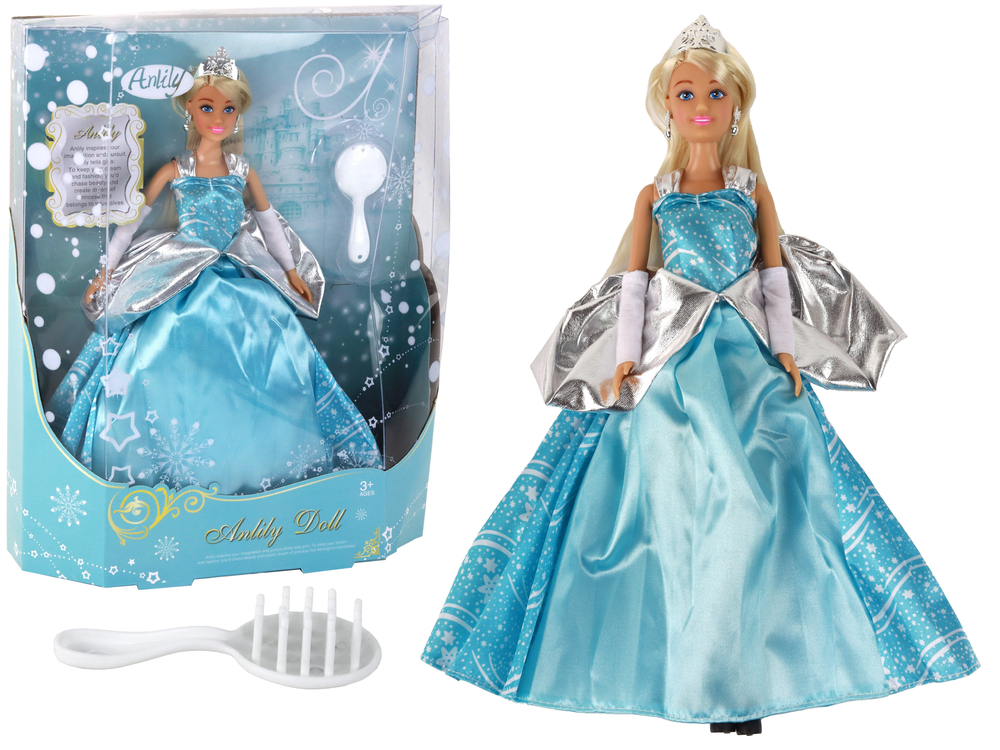 mamido  Panenka Anlily zimní princezna v modrých šatech s dlouhými blond vlasy