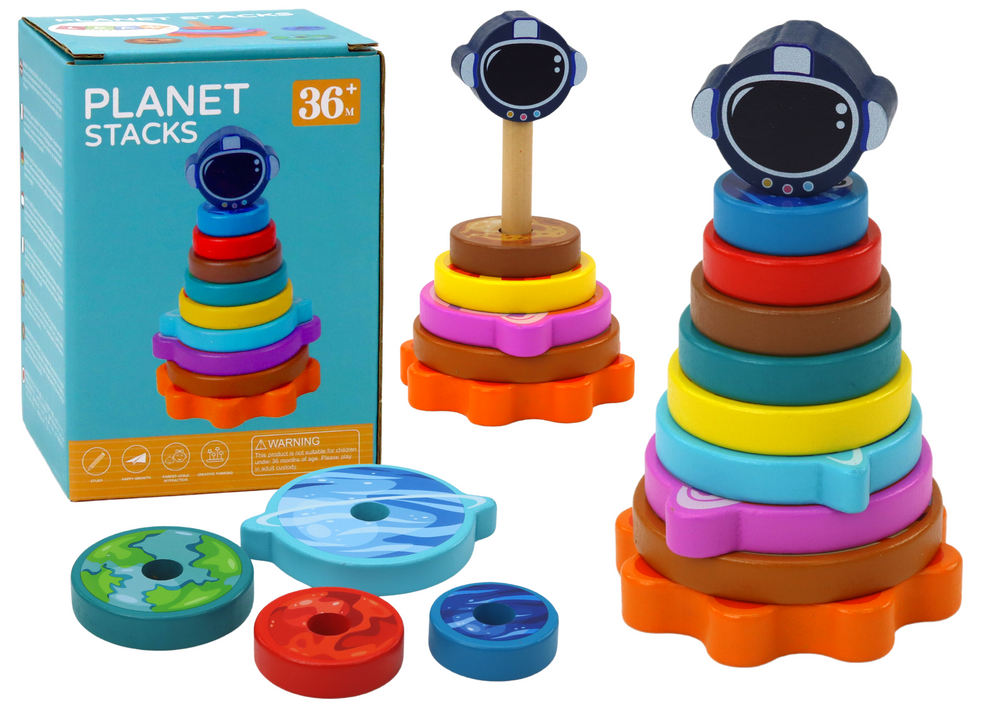 Levně Dřevěná skládačka pyramida s planetami a kosmem 10 dílů