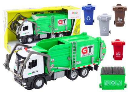 213046 multifunkcni zelene kovove popelarske auto s setrvacnikem a barevnymi kontejnery