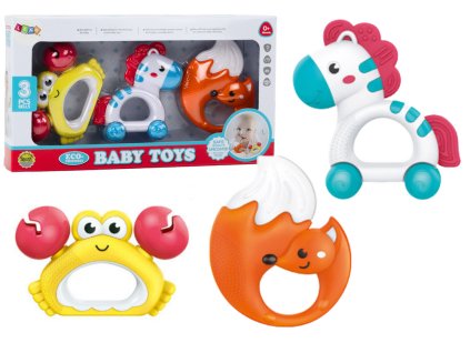 Játékkészlet babáknak, csörgők, fogathajtók, zebra, rák, róka, 3 db