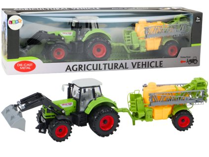 Zöld mezőgazdasági traktor markolóval és permetezőgéppel