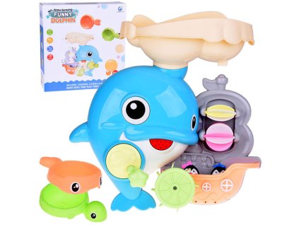 Vidám delfin fürdőjáték csónakkal és pingvinekkel