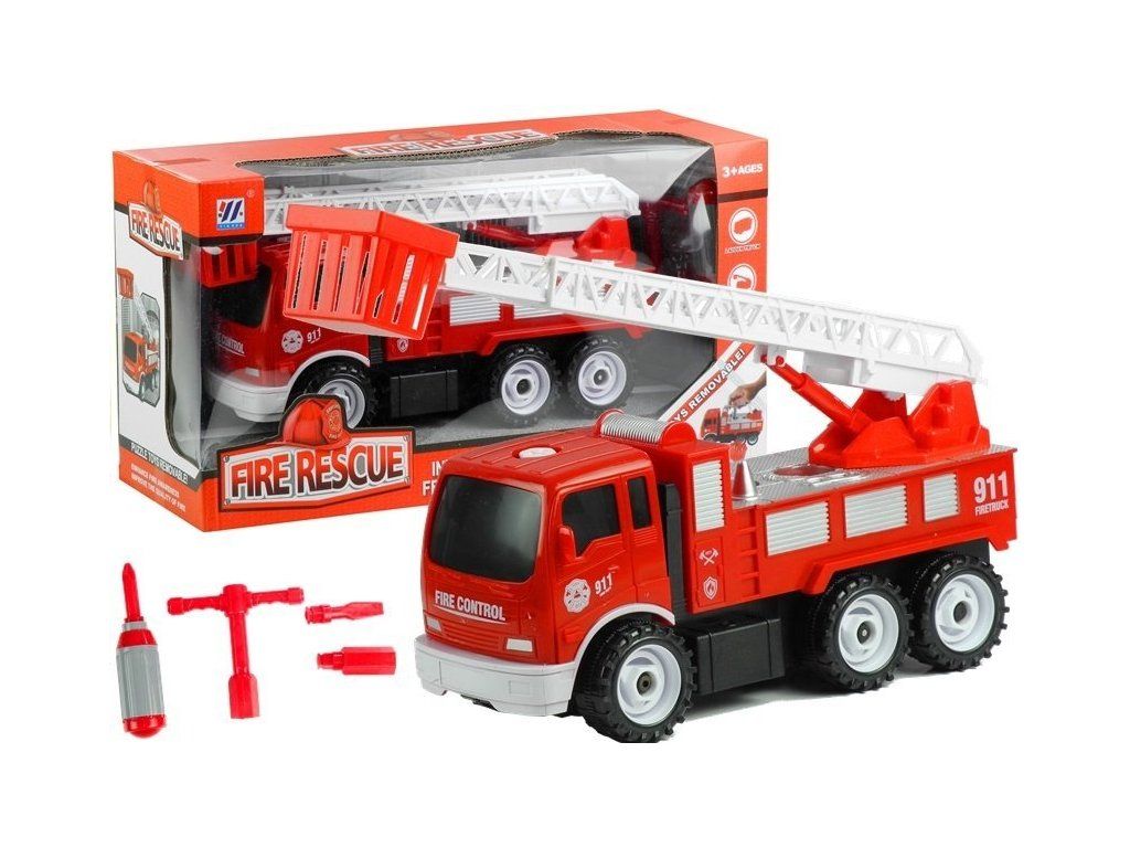 Auto dei pompieri con scala e attrezzi per il montaggio
