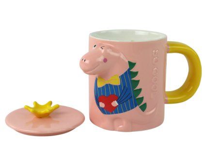 Tazza Dinosauro con cucchiaino e coperchio rosa