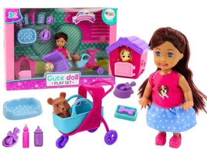 Bambola con cani, casetta e accessori cuccioli rosa 16 pz.