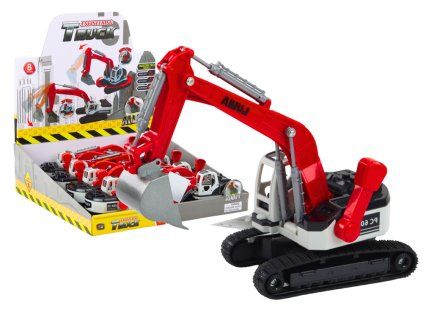 Escavatore cingolato rosso-bianco con benna in metallo